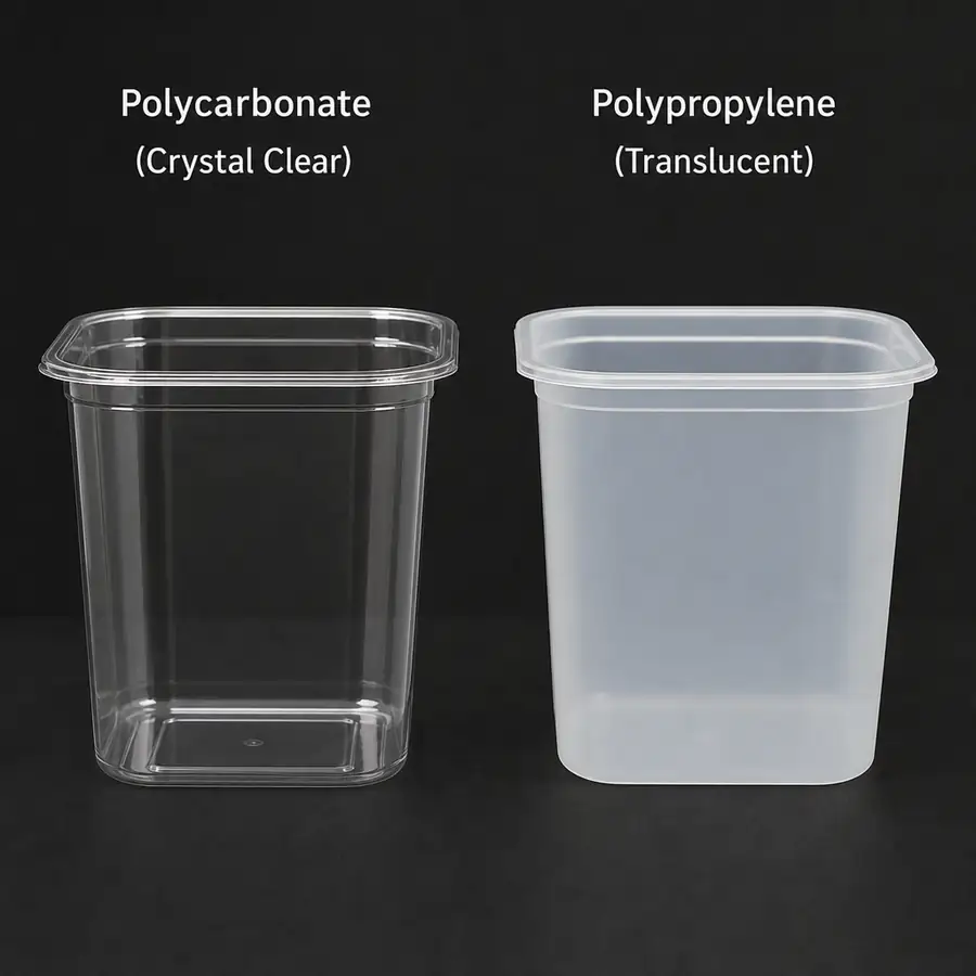 Comparison shot showing a crystal clear polycarbonate container next to a translucent polypropylene container