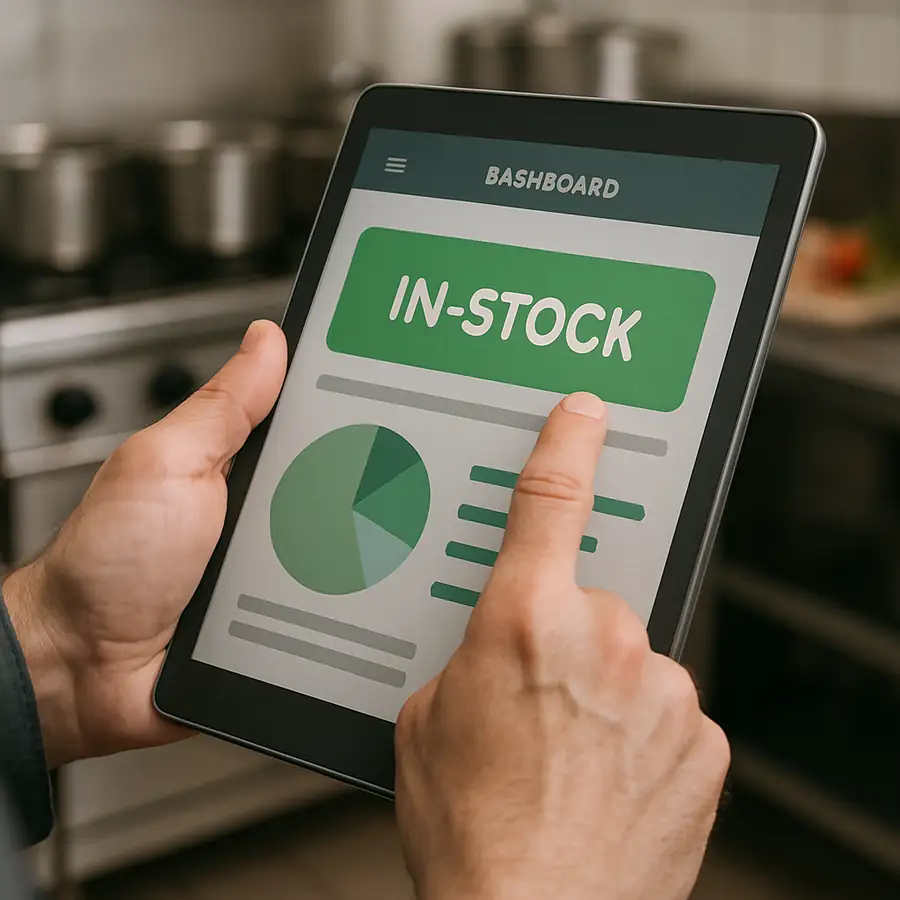 A close-up of a kitchen manager's hand using a sleek tablet interface that shows a green 'in-stock' dashboard.