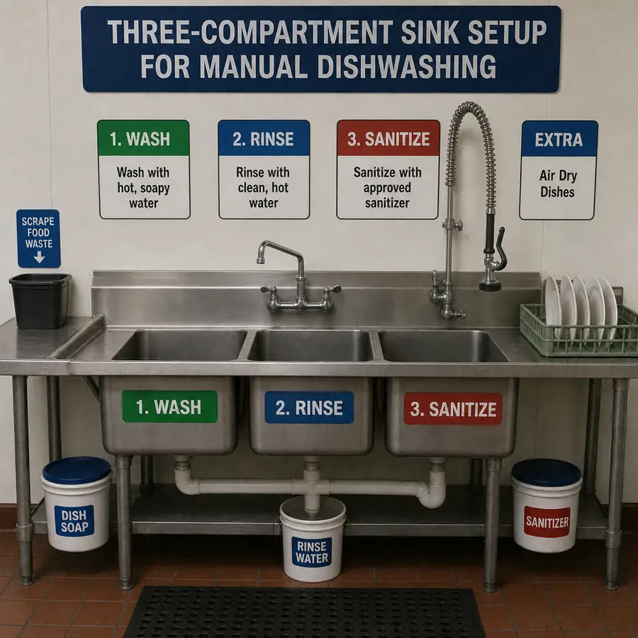 Properly labeled three-compartment sink setup for manual dishwashing
