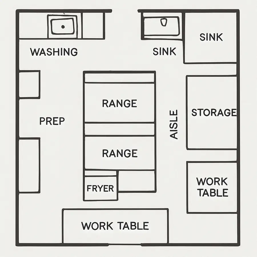 Restaurant kitchen layout plan showing space for equipment