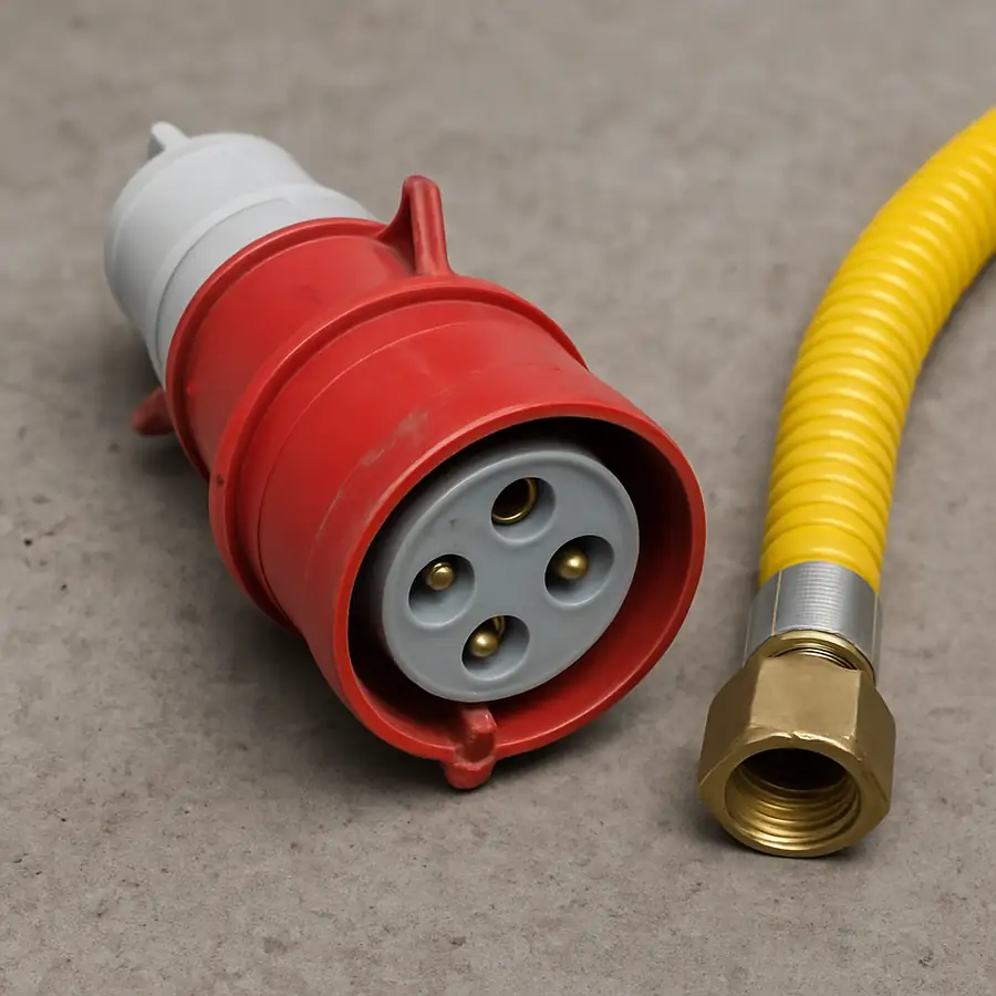 A photo of a heavy-duty industrial 3-phase electric plug next to a standard gas flexible hose to show the scale of infrastructure needed.