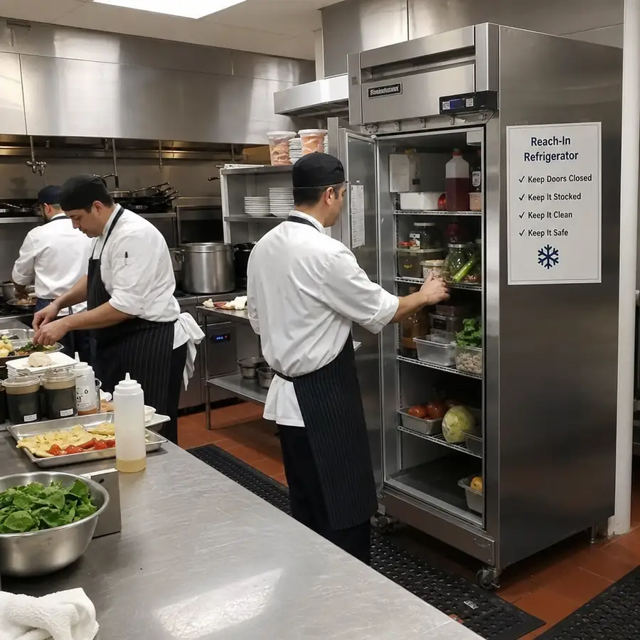 A busy commercial kitchen featuring chefs working alongside a stainless steel reach-in refrigerator in English