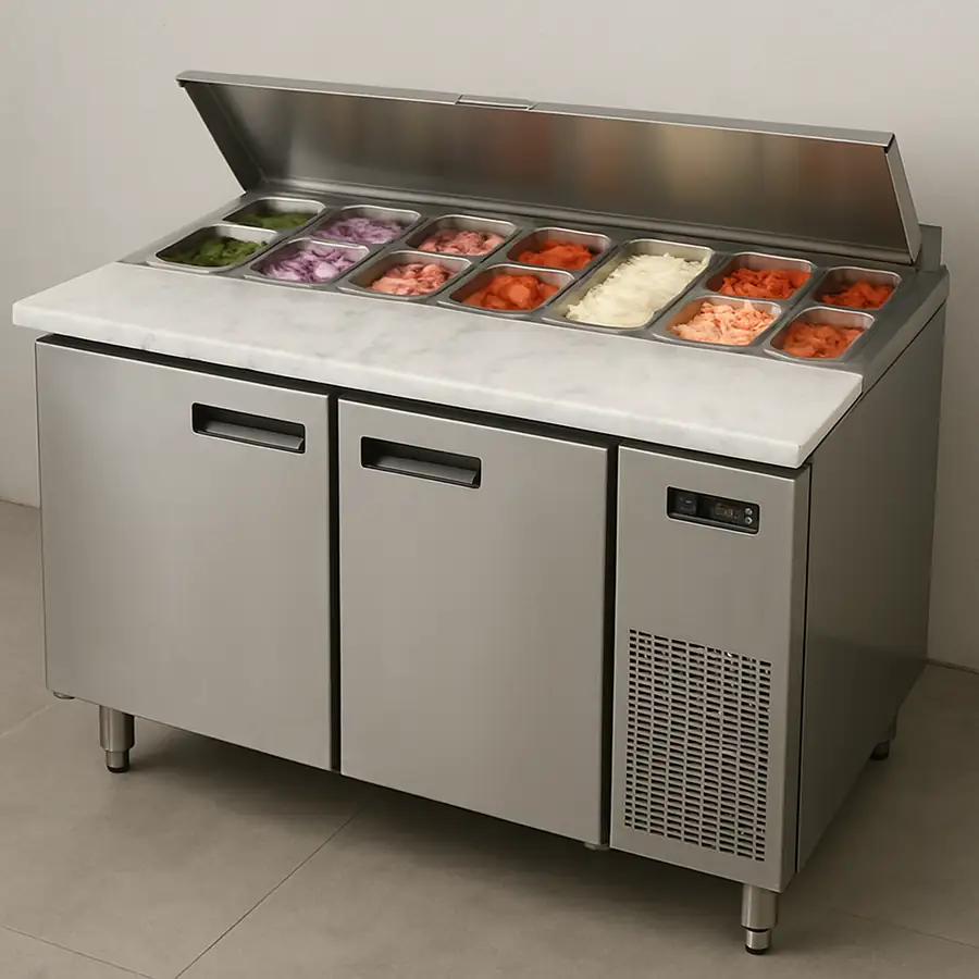 A refrigerated pizza make table with a marble top showing ingredient bins