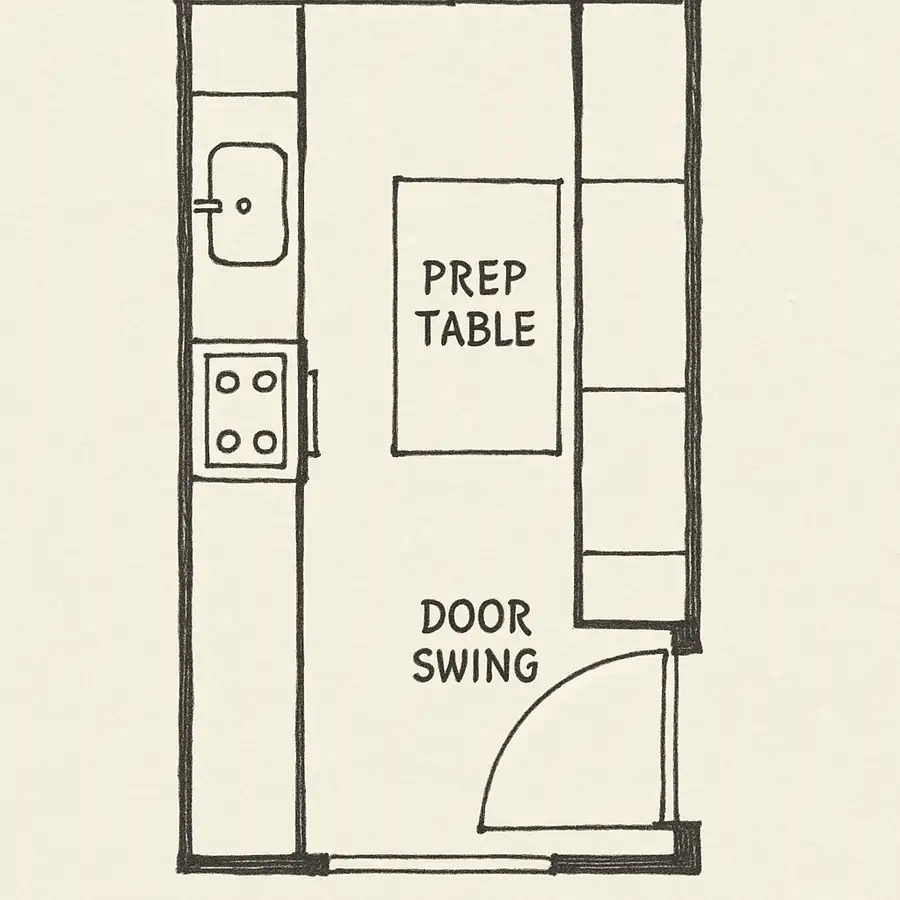 A top-down floor plan sketch showing a prep table in a narrow galley kitchen with a 'door swing' radius clearly marked.