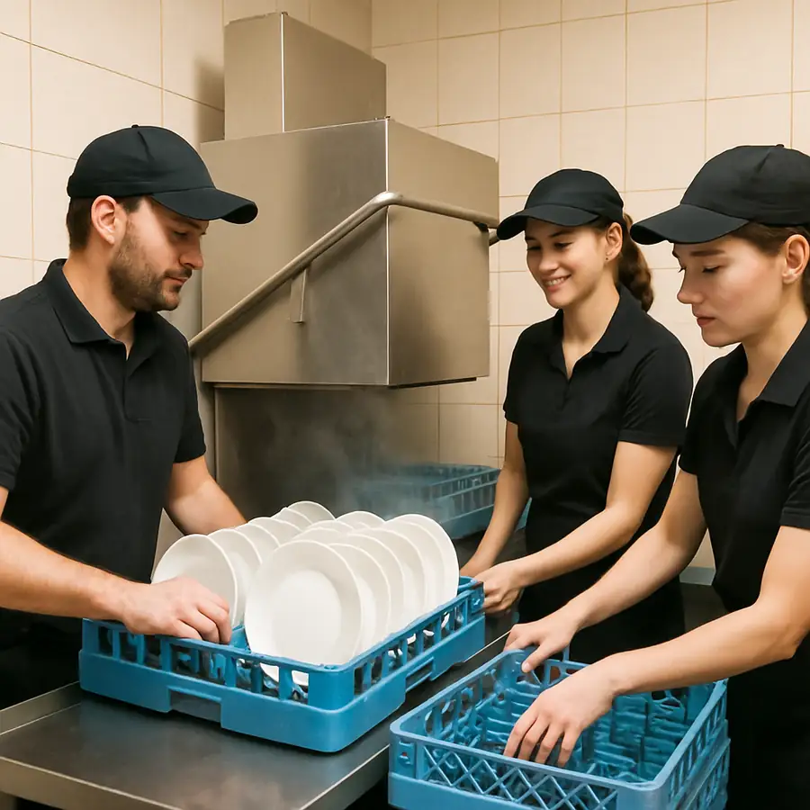 Restaurant staff using a commercial dishwasher efficiently