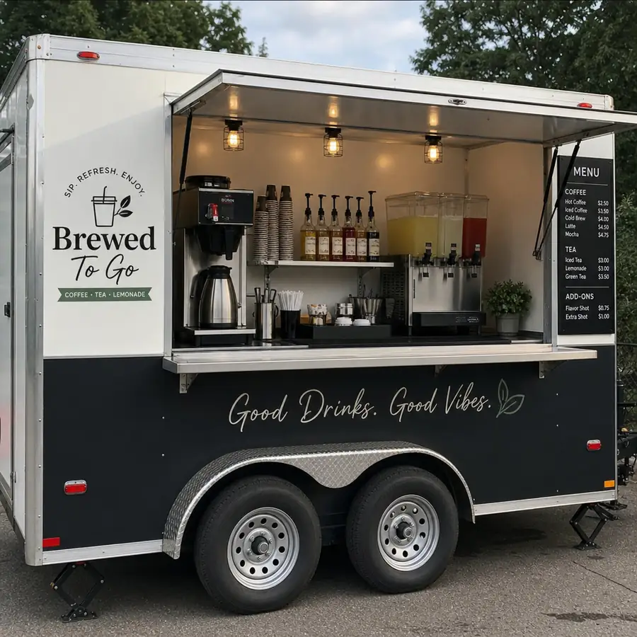 Beverage trailer featuring essential equipment neatly arranged