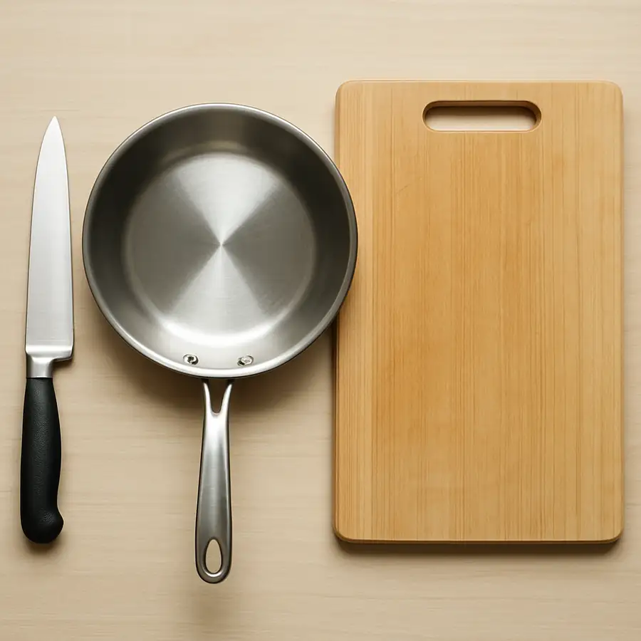 A clean, simple photo showing an 8-inch chef's knife, a 10-inch stainless steel skillet, and a large wooden or plastic cutting board side-by-side