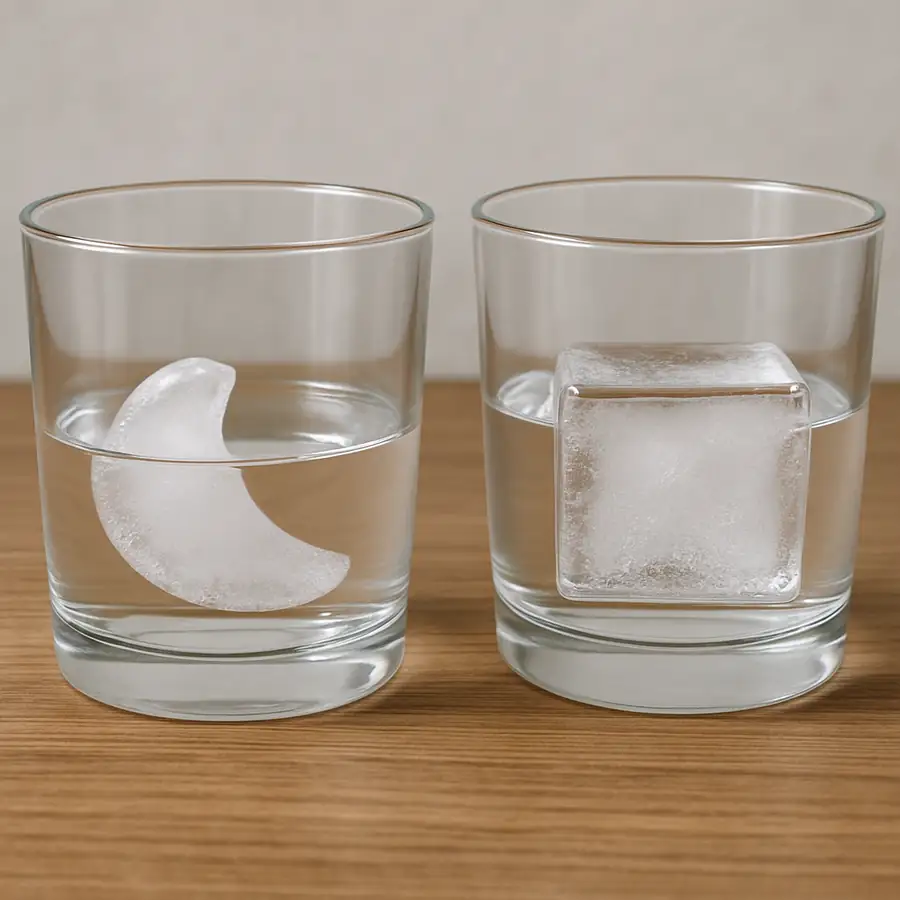 A side-by-side comparison of a crescent ice piece and a standard square cube in a glass.