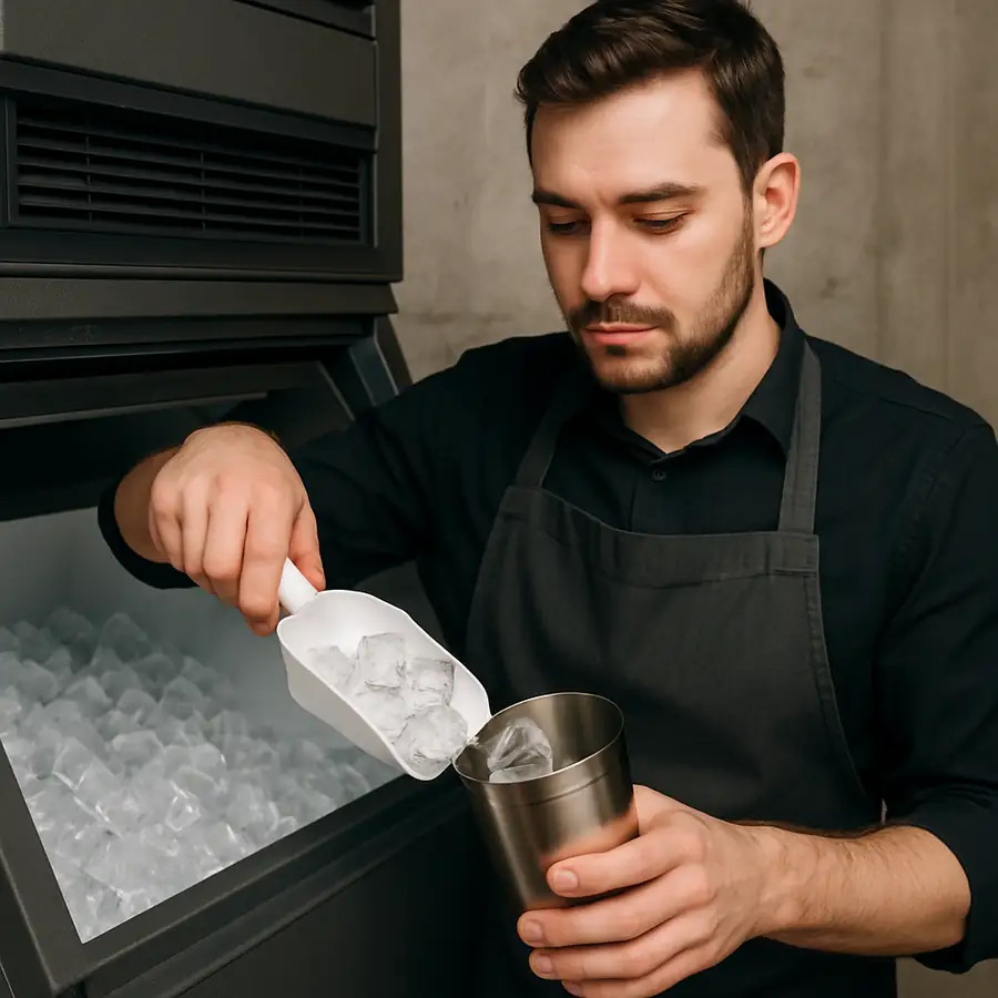 Bartender scooping clear ice from a large commercial ice machine bin into a cocktail shaker