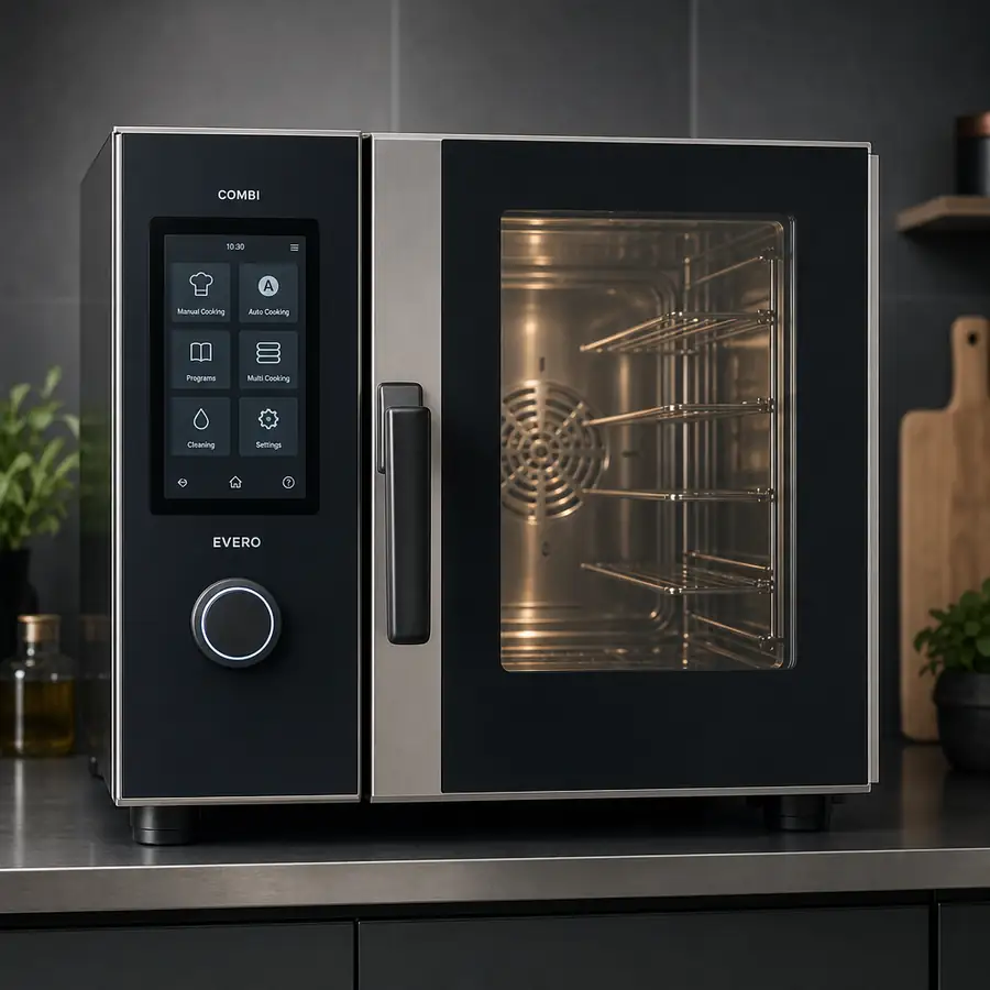 A modern combi oven showcasing its sleek design and interface