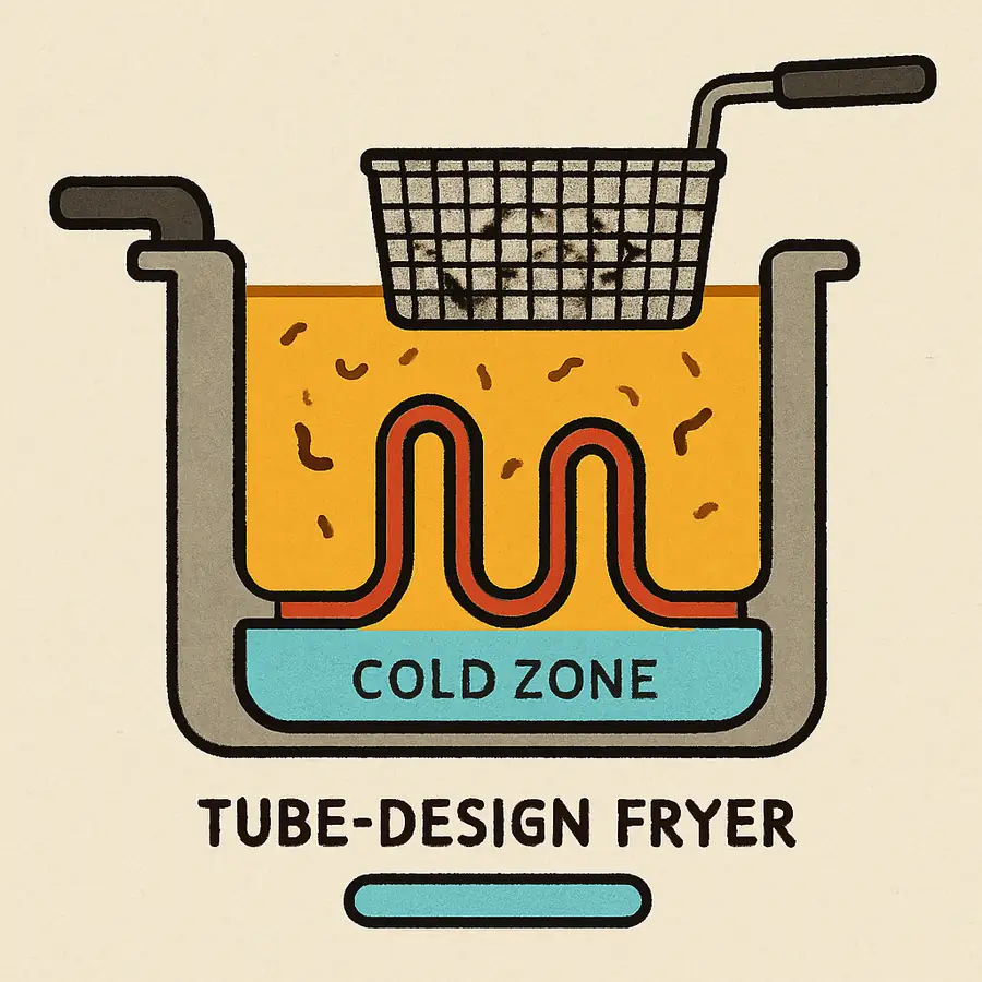 Cross-section illustration showing the 'cold zone' at the bottom of a tube-design fryer.