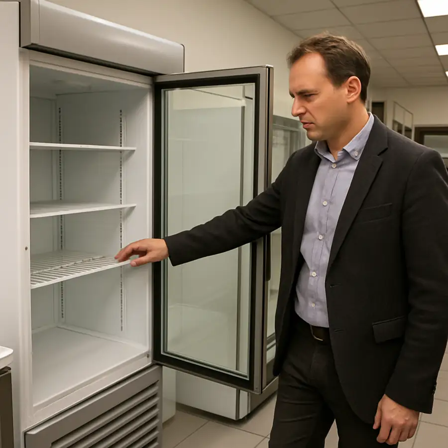 Business owner selecting a commercial freezer in a showroom