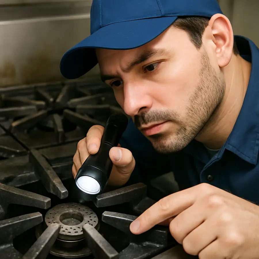 Close up of a technician inspecting the burners on a commercial gas range