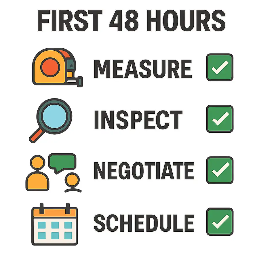 A clean, easy-to-read checklist graphic summarizing the 'First 48 Hours' of equipment acquisition (Measure, Inspect, Negotiate, Schedule).