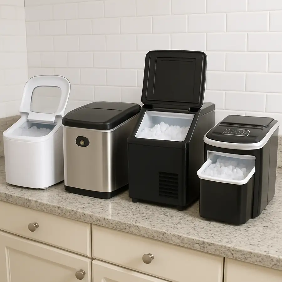 Different types of ice makers in a kitchen setting