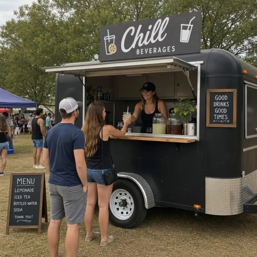 Beverage trailer serving customers at an outdoor event