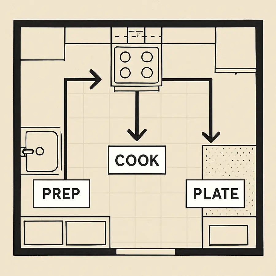 A top-down 2D floor plan of a kitchen showing the 'flow' from prep to cook to plating with arrows.