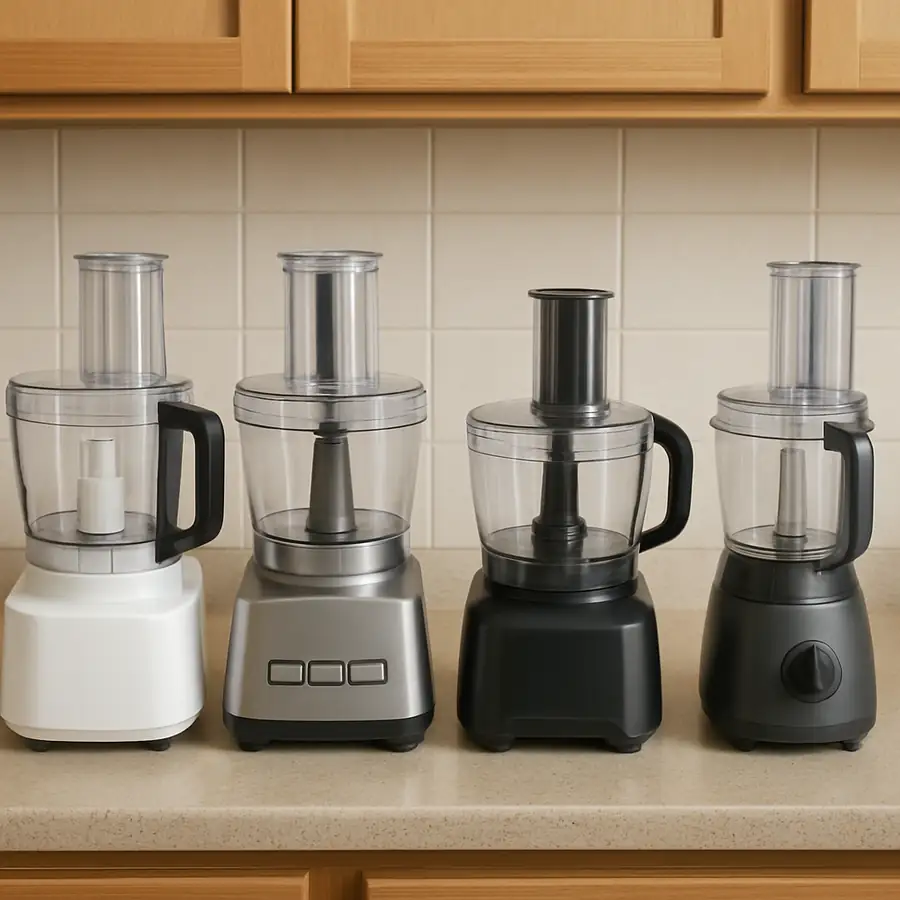 Different types of commercial food processors on a kitchen countertop