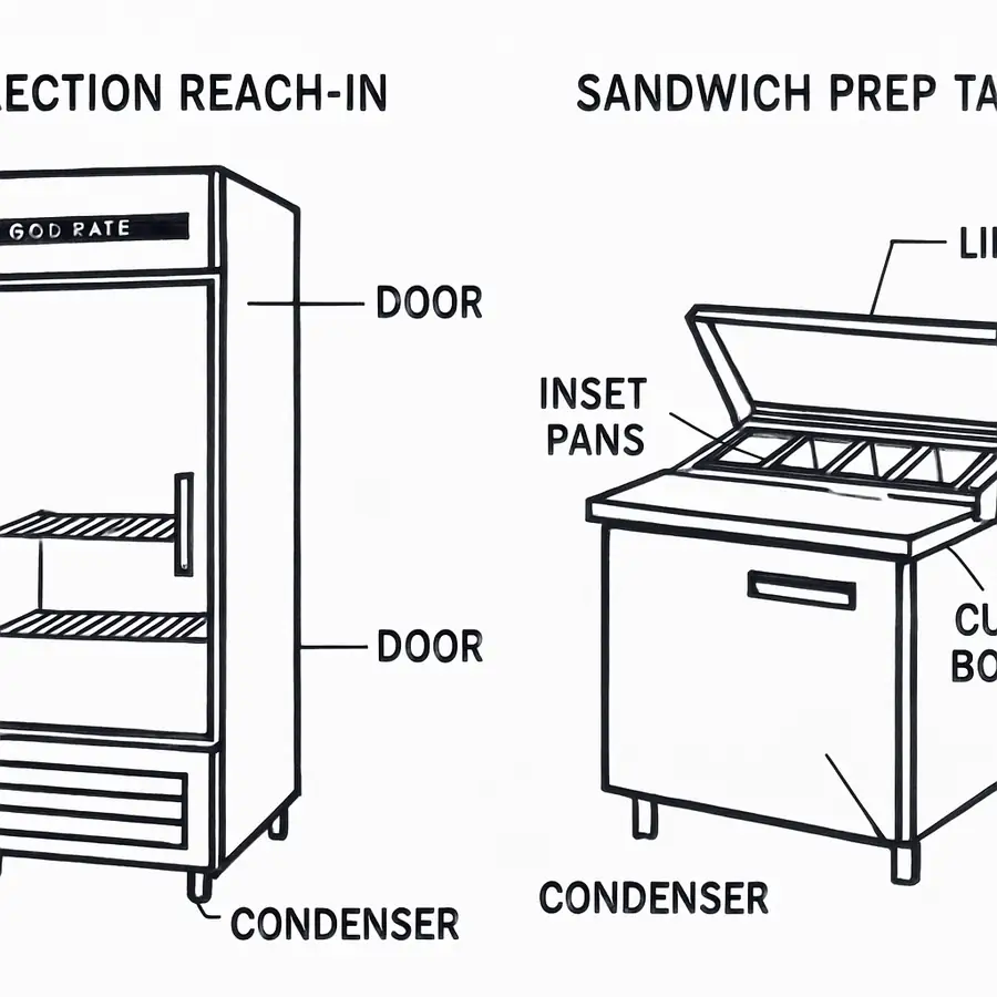 A layout showing a 1-section reach-in and a sandwich prep table side-by-side with labels of their main components.
