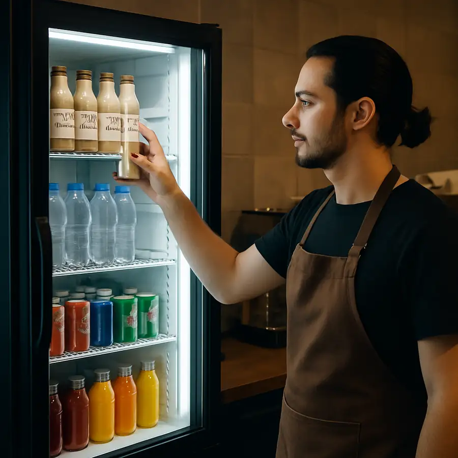 A barista grabbing a drink from a sleek, brightly lit glass-door beverage merchandiser