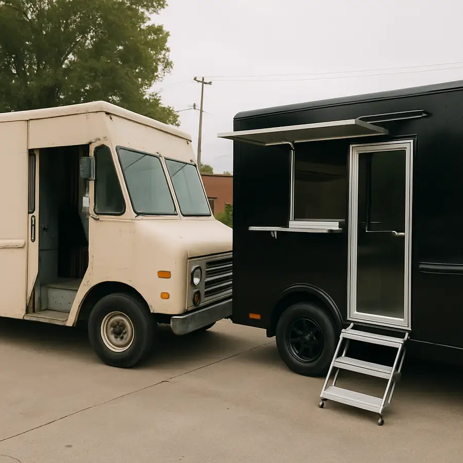 A photo showing a refurbished older food truck next to a high-end custom-built unit to illustrate the difference in entry points.