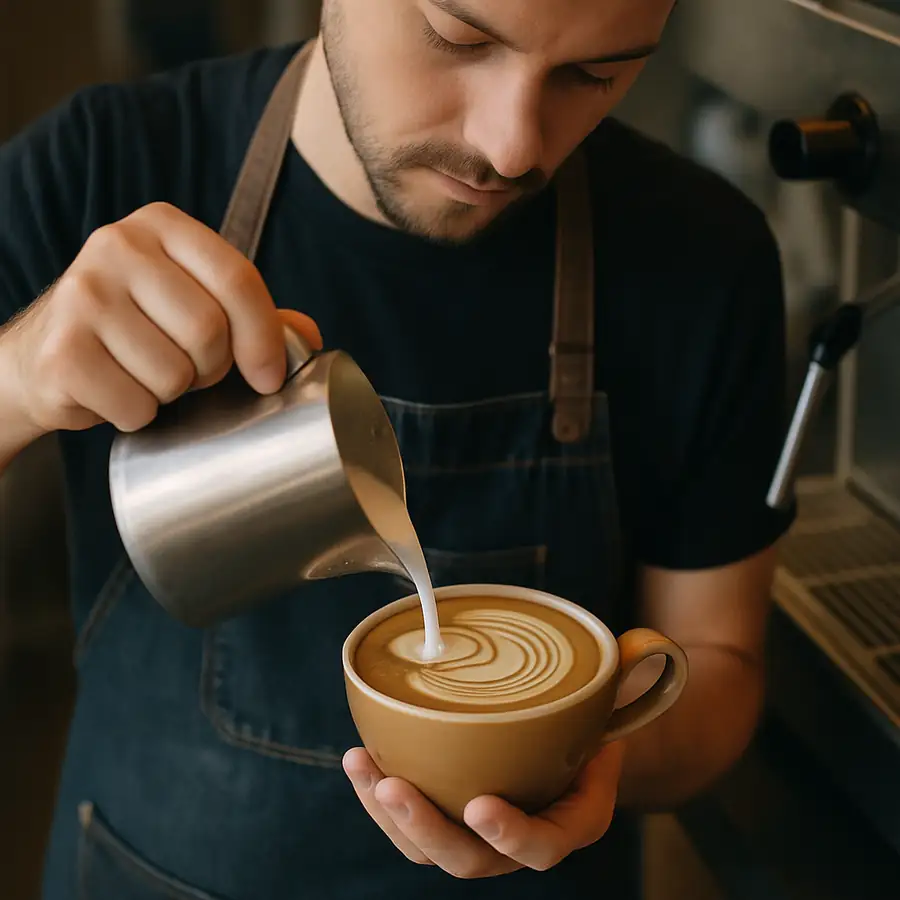 A barista pouring perfect latte art, showcasing optimized steam wand pressure