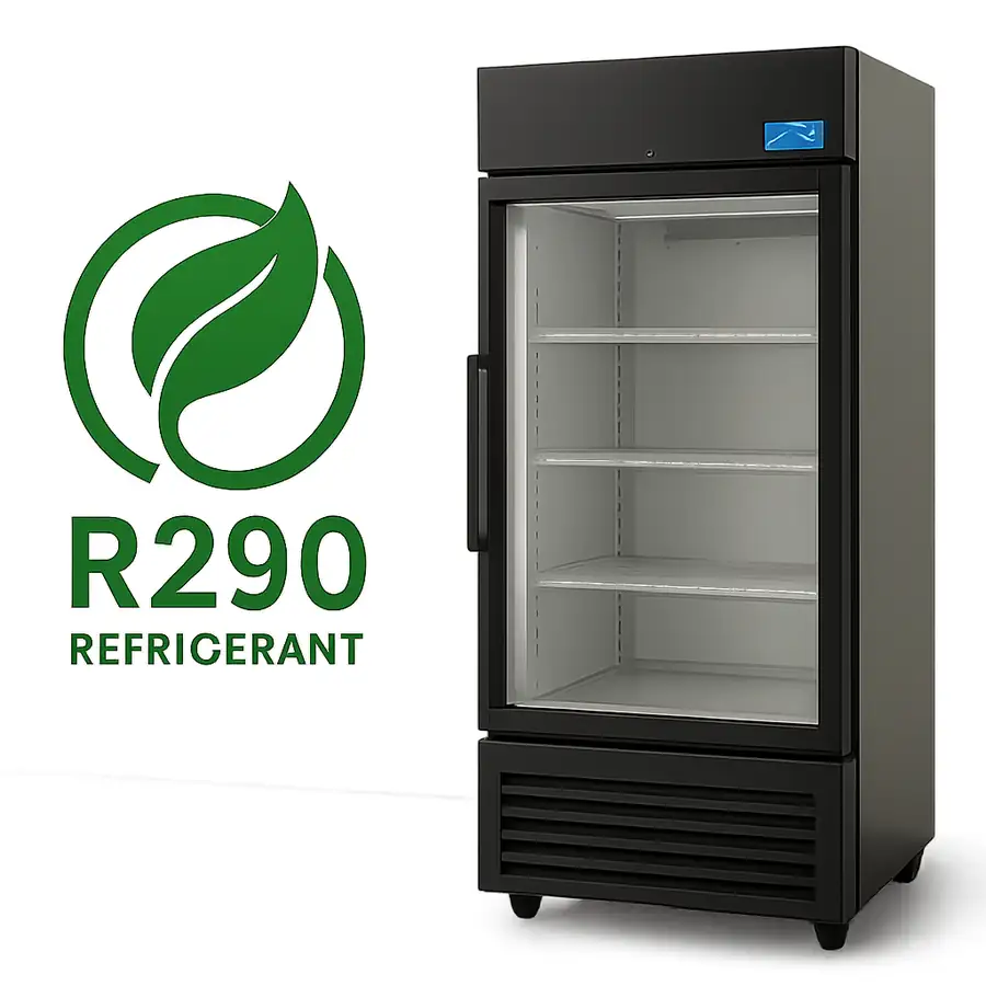 Eco-friendly R290 refrigerant logo displayed prominently next to a modern Energy Star commercial fridge