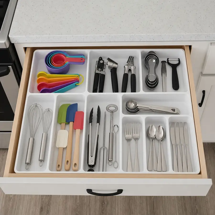 A neatly organized kitchen drawer featuring space-saving culinary gadgets and compartmentalized utensil trays