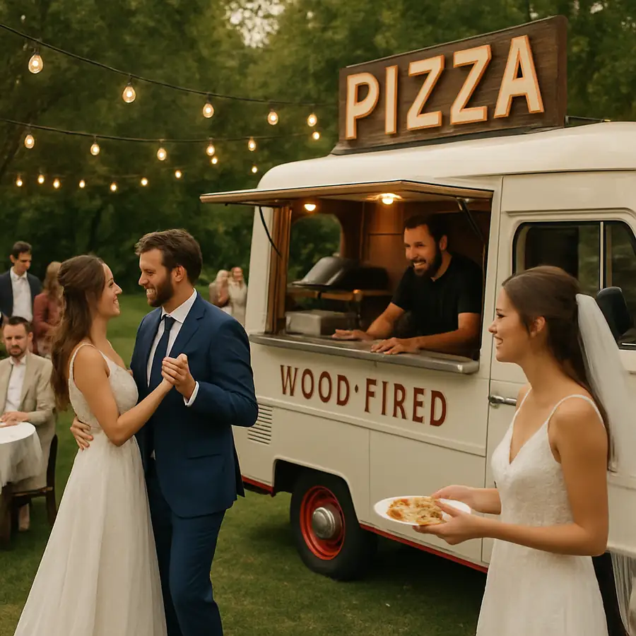 A lively outdoor wedding reception featuring a pizza food truck providing private catering