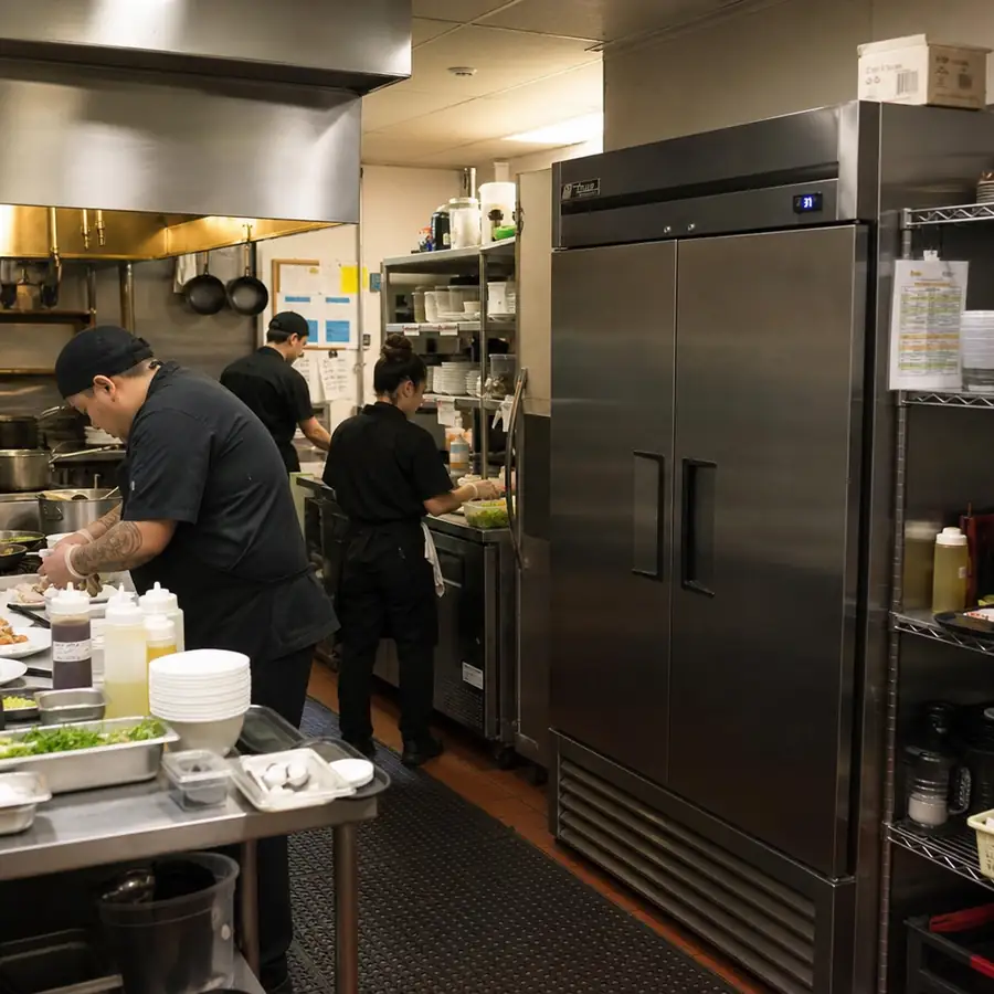 A busy restaurant kitchen with a sleek commercial refrigerator