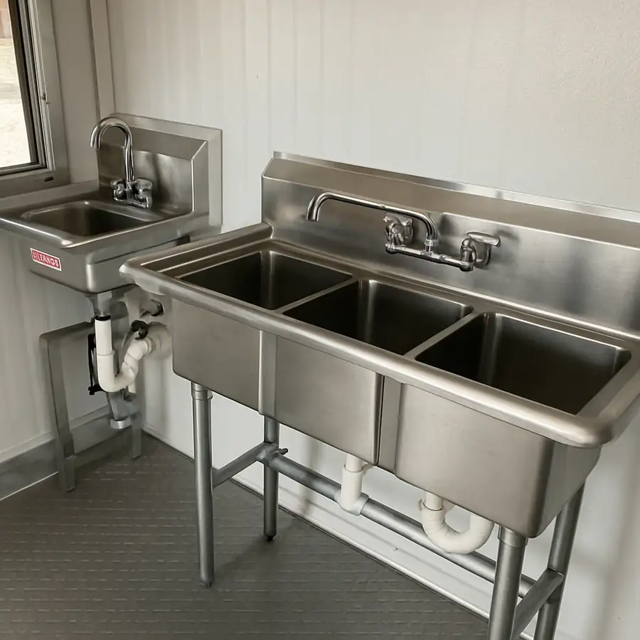 A photo of a standard three-compartment sink setup installed next to a dedicated hand-washing station in a food trailer.