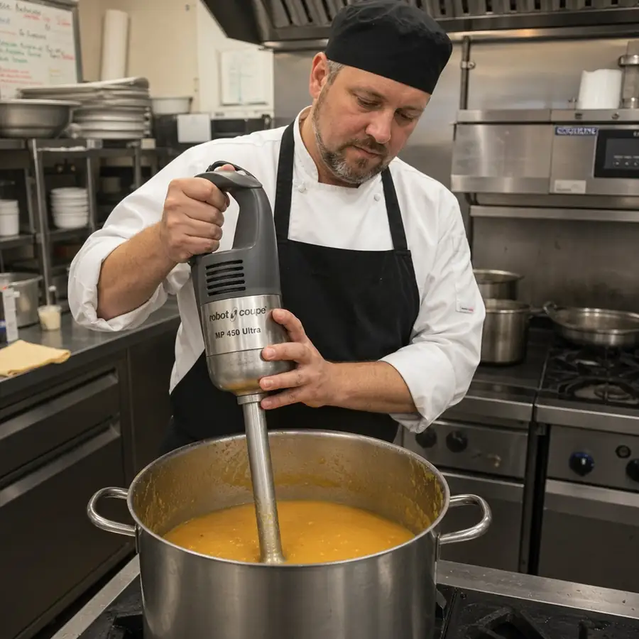 Chef using a commercial immersion blender in a large stainless steel pot in a restaurant kitchen