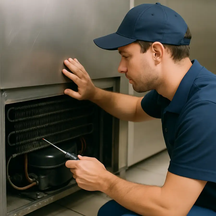 Maintenance technician inspecting the condenser coils of a commercial stainless steel refrigerator