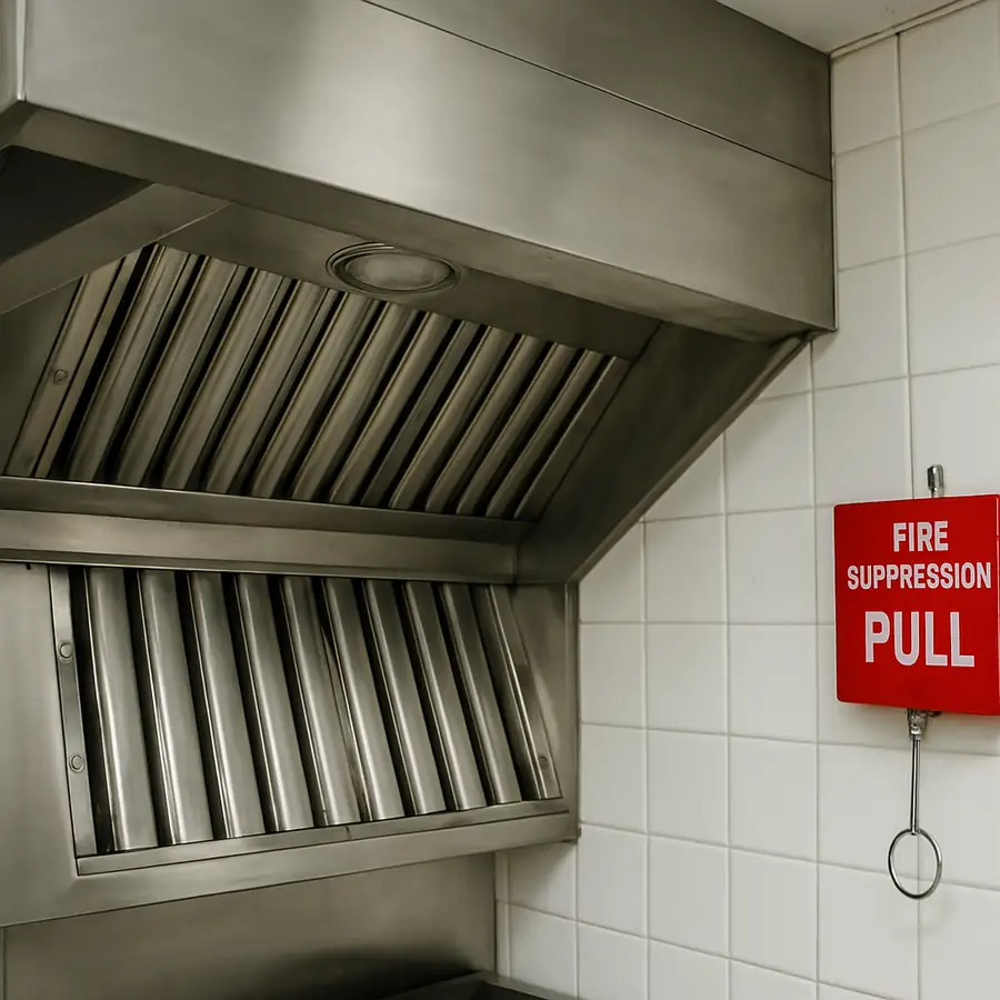 A professional kitchen hood system with stainless steel filters and a fire suppression pull station