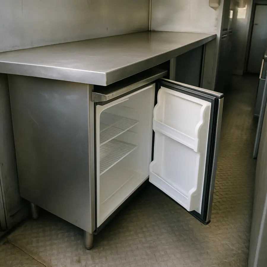 A compact undercounter refrigerator tucked neatly beneath a stainless steel workspace in a narrow food truck aisle.