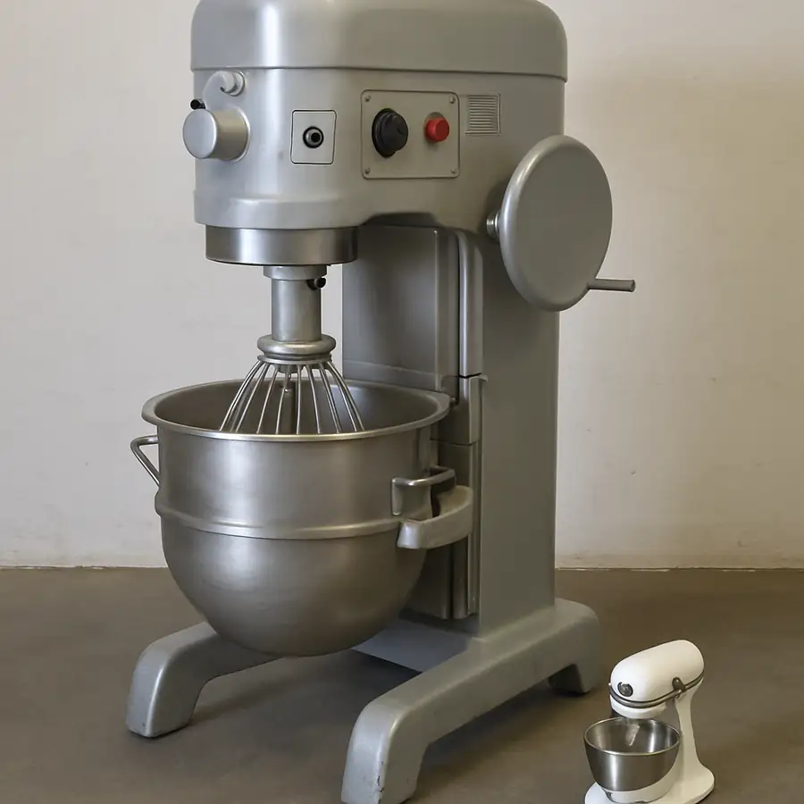A photo of a floor-standing planetary mixer, like a Hobart, to visually communicate its size and power compared to a home mixer