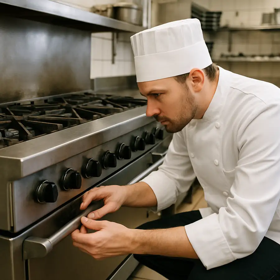 Chef inspecting a heavy duty commercial gas range in a restaurant kitchen