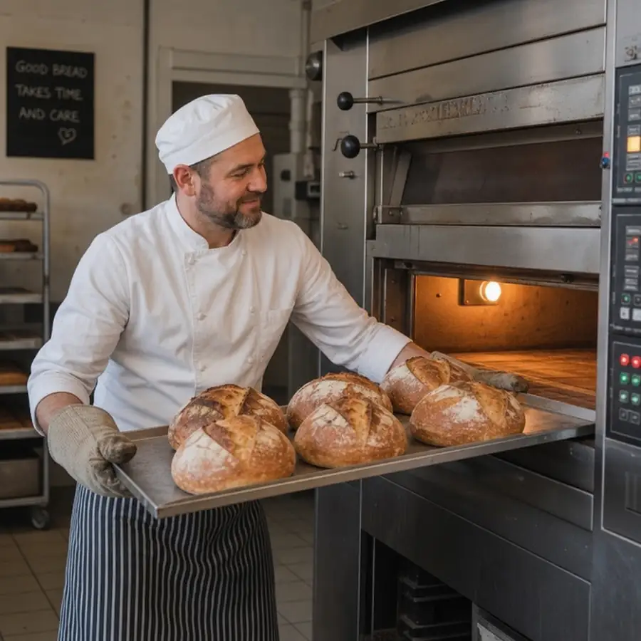 Baker pulling fresh artisan bread out of a heavy-duty commercial bakery oven in English