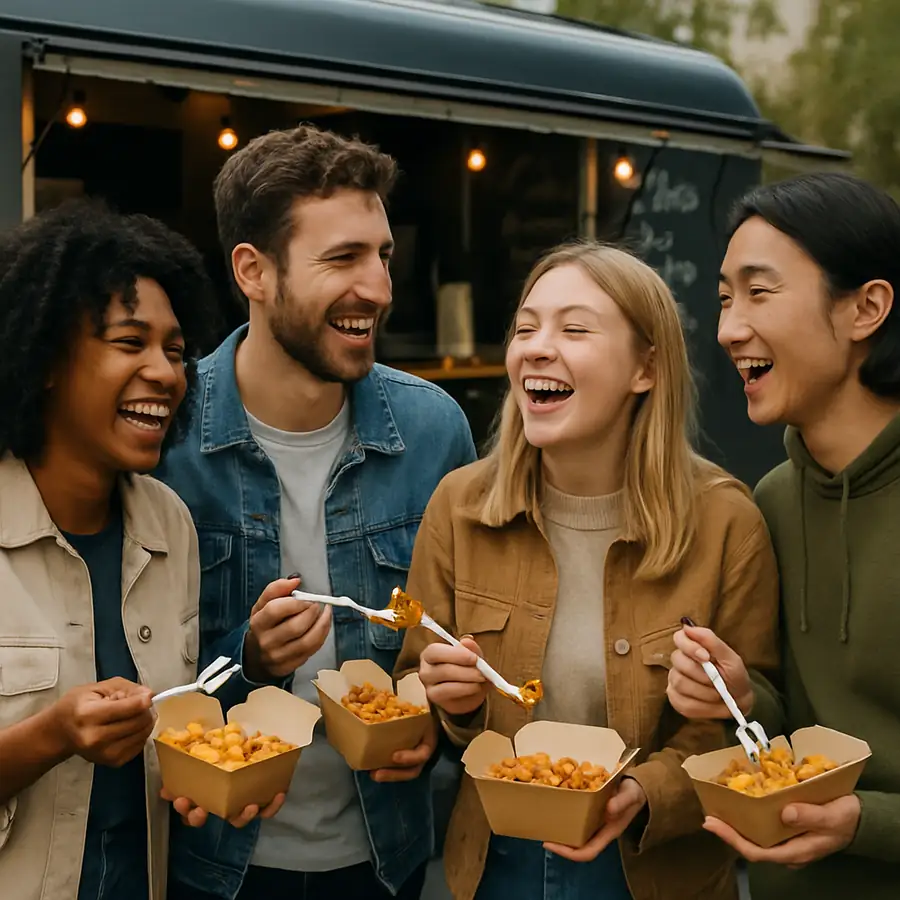 A group of friends laughing and eating takeaway street food outside near a food truck