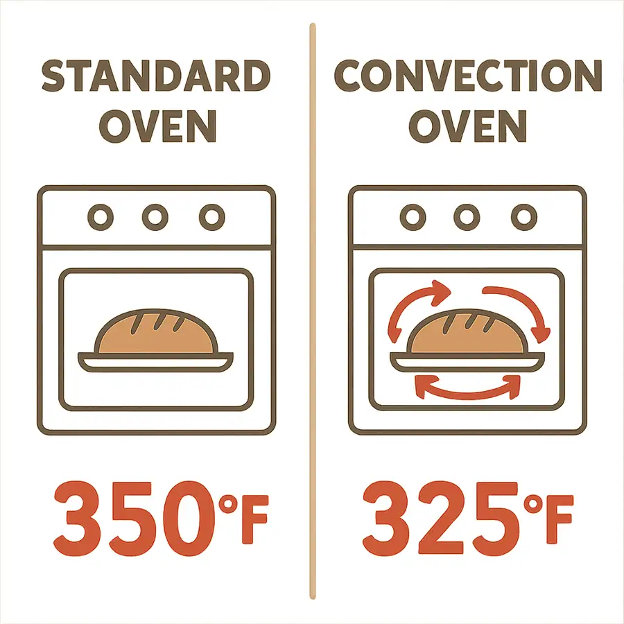 A simple infographic showing a 'Standard Oven' at 350°F vs a 'Convection Oven' at 325°F for the same result.