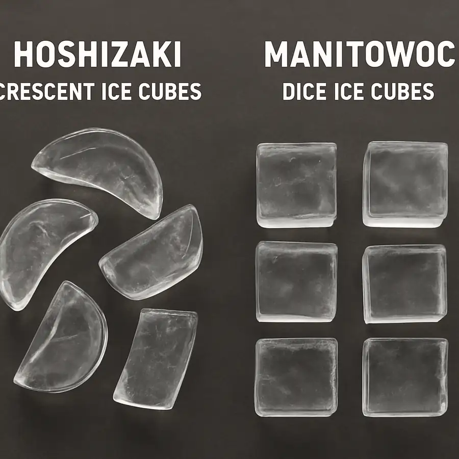 Comparison of Hoshizaki crescent ice cubes and Manitowoc dice ice cubes side by side on a dark surface