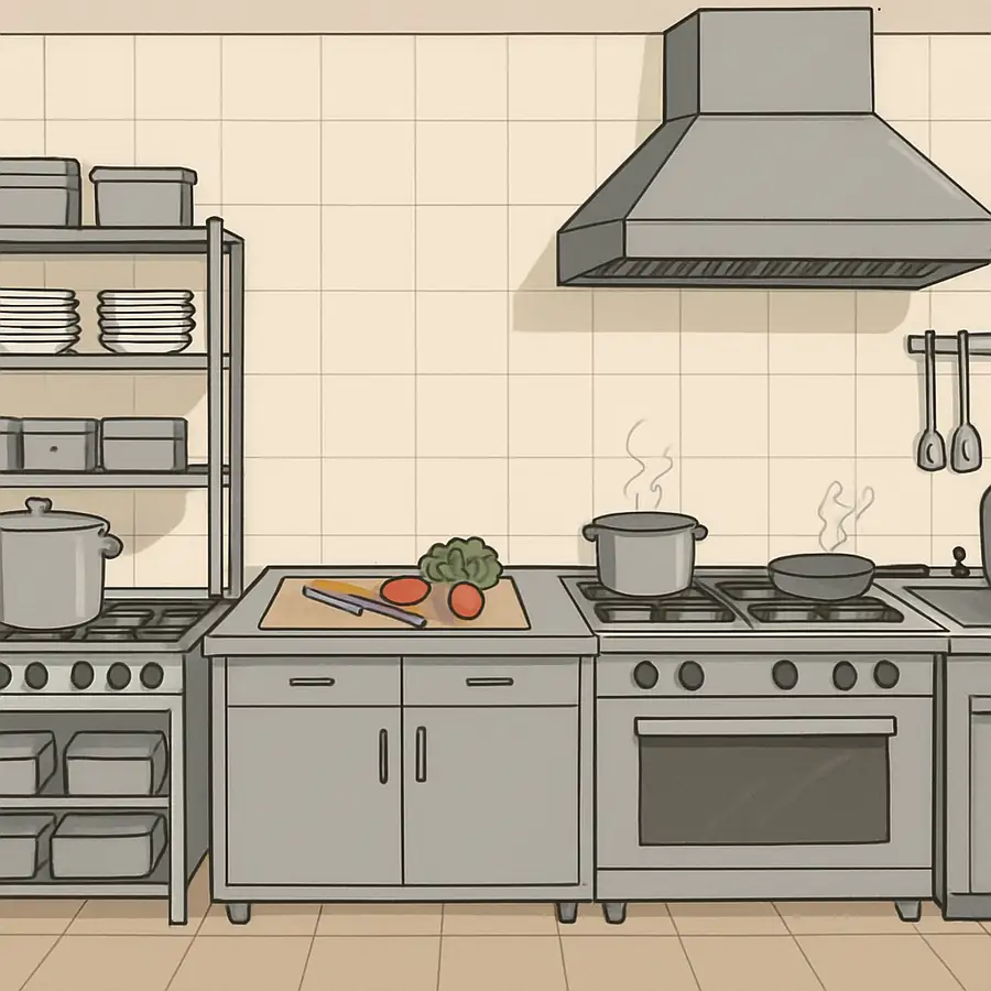An organized commercial kitchen with clearly defined work zones