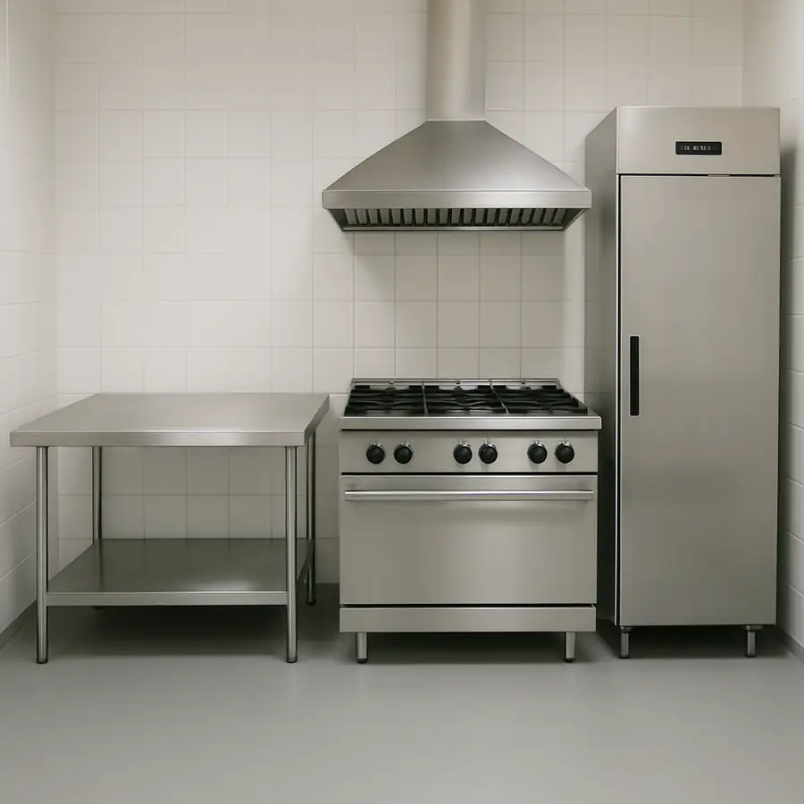 A photo of a clean, minimalist commercial kitchen setup featuring a stainless steel prep table, a range, and a reach-in refrigerator.