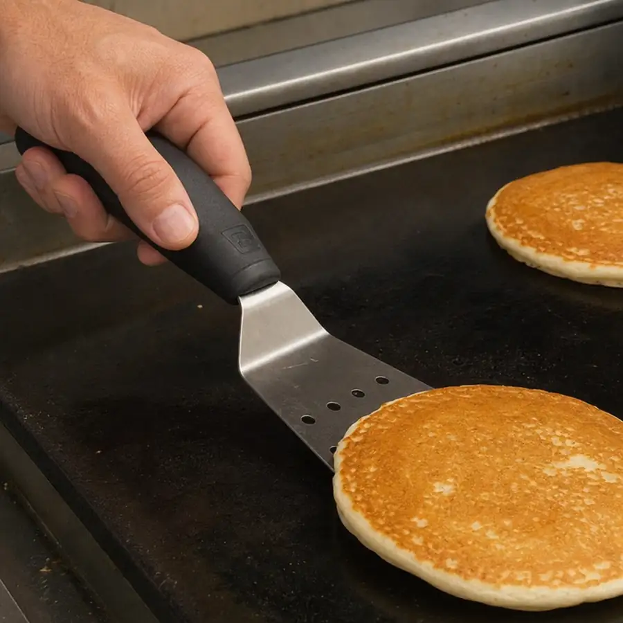 Close up of a cook's hand holding a heat-resistant ergonomic handled turner lifting a pancake off a griddle