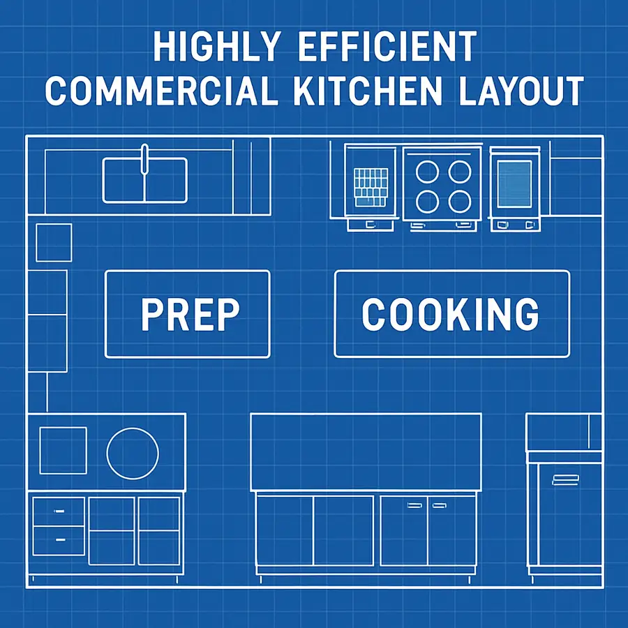 A top-down blueprint view of a highly efficient commercial kitchen layout showing prep and cooking zones in English