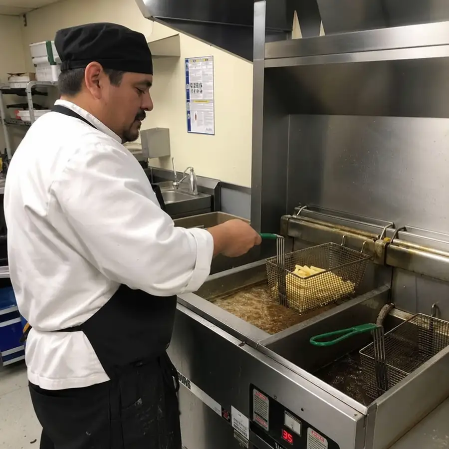 Image of a chef using a commercial fryer in a restaurant kitchen