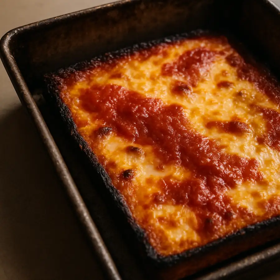 A close-up of a Detroit-style rectangular pizza pan showing the darkened, seasoned surface and crisp edges of the pizza.