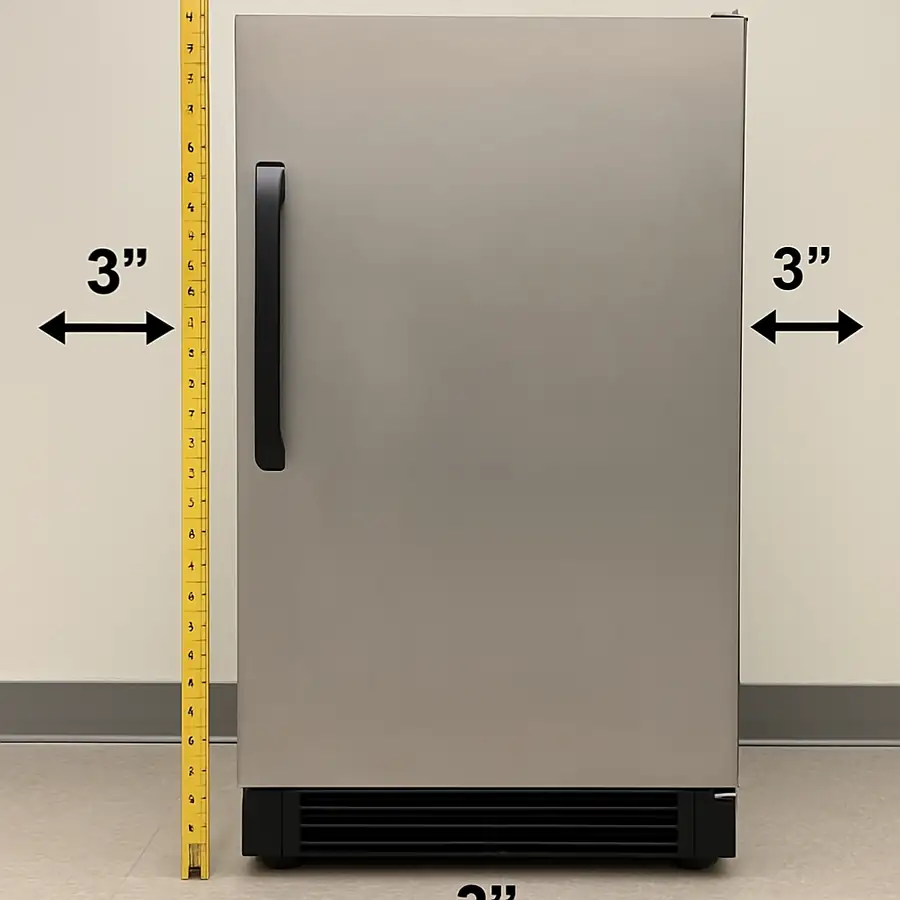 A simple photo showing a measuring tape next to a commercial freezer, with arrows indicating the 3-inch clearance needed at the back and sides for ventilation
