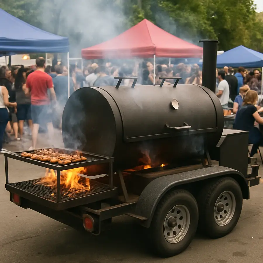 A BBQ smoker trailer in action at a bustling outdoor event
