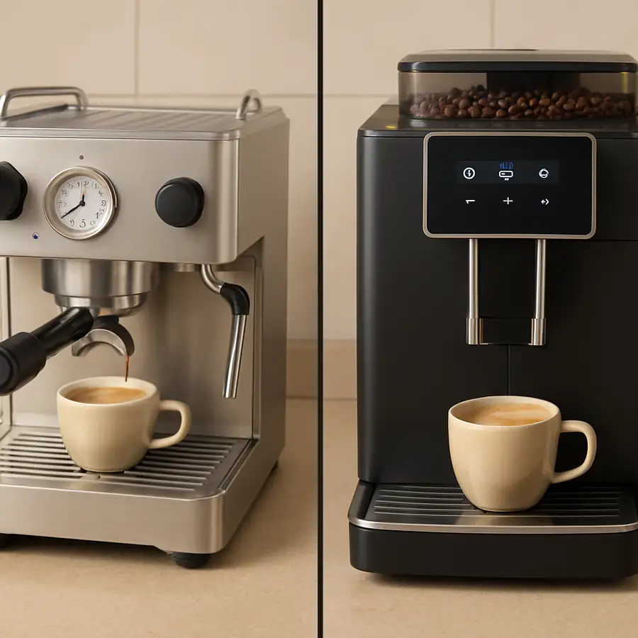 A side by side visual comparison showing a complex semi-automatic espresso machine and a sleek super-automatic bean to cup machine